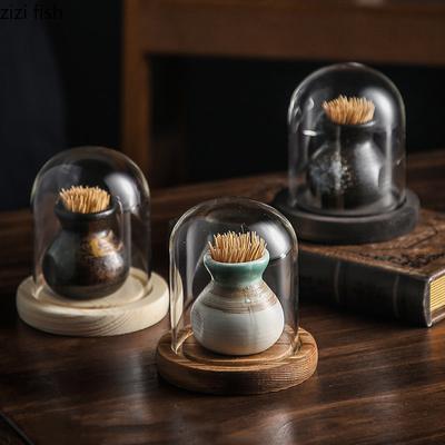 High-End-Zahnstocherbox aus Keramik, Retro-Aufbewahrungsbox für Wattestäbchen, Glasabdeckung, einfacher Zahnstocherhalter für die Küche zu Hause, Desktop-Spender