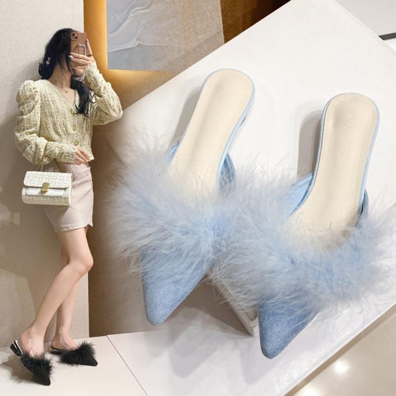 Pointed-toed fluffy shoes wearing bag-headed slippers for women's spring and autumn new large-size thick-heeled lazy half-slippers