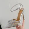 Liyke Size 42 Sexy Crystal Transparent Female Pumps Thin High Heels Fashion Bowknot Pointed Toe Ankle Strap Sandals Women Shoes