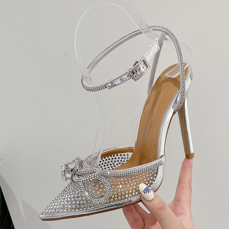 Liyke Size 42 Sexy Crystal Transparent Female Pumps Thin High Heels Fashion Bowknot Pointed Toe Ankle Strap Sandals Women Shoes