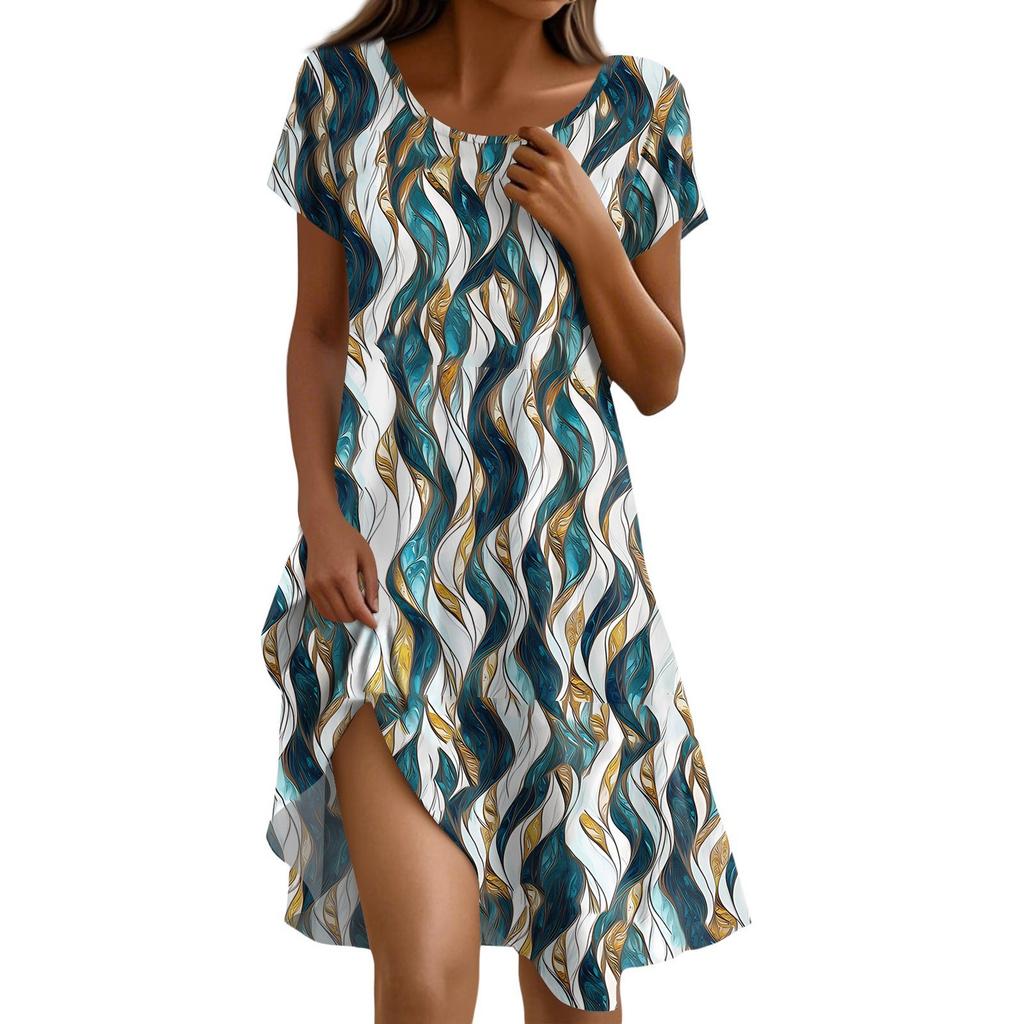 Short Sleeve Boho Dress For Women Casual Loose Fit Sundress Print Round Neck Dress With Pockets