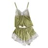 Summer pajamas women's thin ice silk suspender shorts two-piece set sexy belt chest pad lace halter vest set