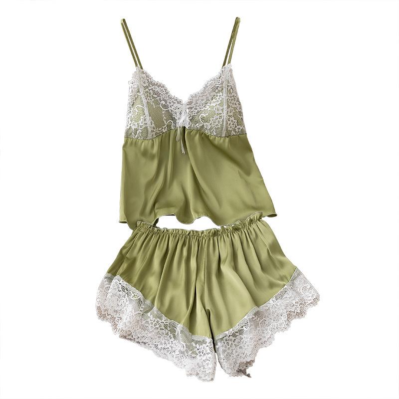 Summer pajamas women's thin ice silk suspender shorts two-piece set sexy belt chest pad lace halter vest set