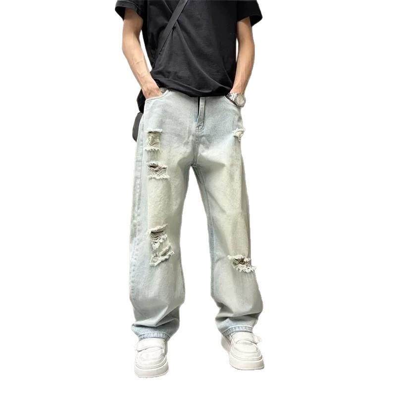 Summer new American trend design sense holes and old loose scimitar men's thin wide-leg ruffian handsome jeans
