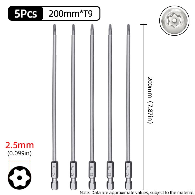 200mm Torx Screwdriver Bits Magnetic Hollow Plum Blossom Head S2 Steel Security Bit T6-T40 1/4'' Hex Shank Hand Power Tools