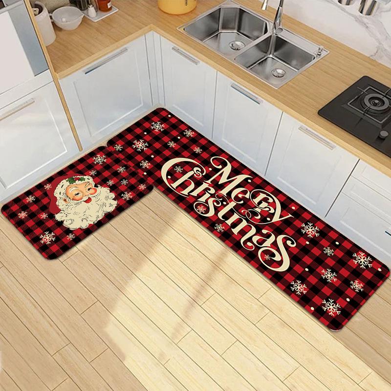 Cross-Border Christmas Holiday Two-Piece Kitchen Mat Set - Oil-Absorbing, Dirt-Resistant