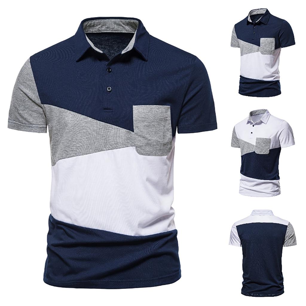 Men's Shirt Fashion Color Blocking Casual Lapel Short-sleeved T-shirt Men