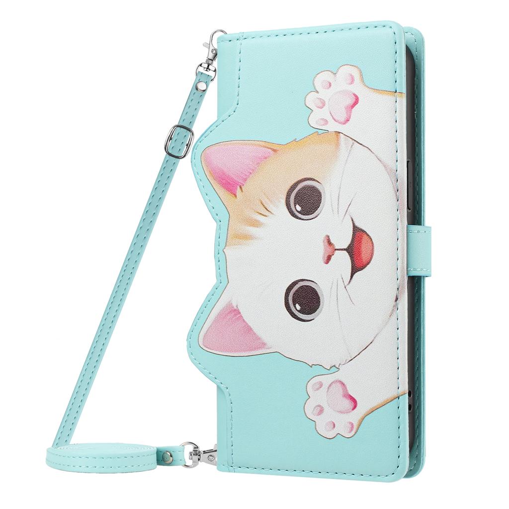 Crossbody Cute Cat Leather Long Rope Cards Slot Wallet Case for iPhone 17Pro Max 16 15 14 13 12 11 Shockproof For Magsafe Cover