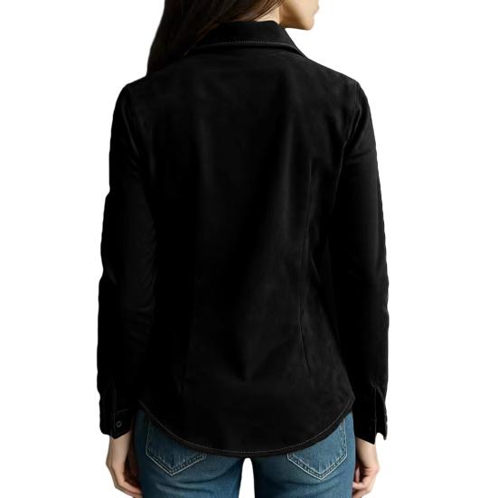 Women Shirt Lapel Long Sleeve Buttons Closure Slim Fit Shirt Suede Texture Retro Solid Color Casual Shirt Tops