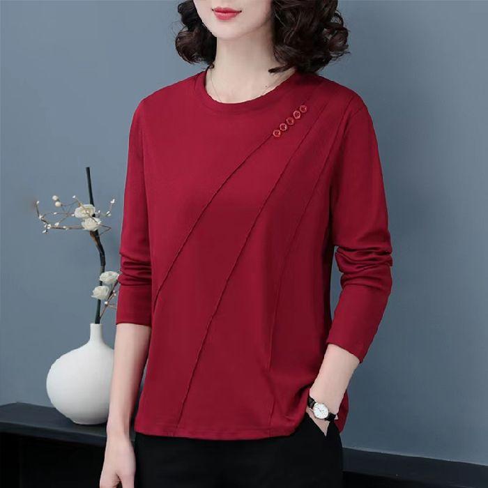 Middle-aged Long-sleeved T-shirt Women's New Autumn Style Slimming Belly-covering Large Size Embroidered Breathable Shirt
