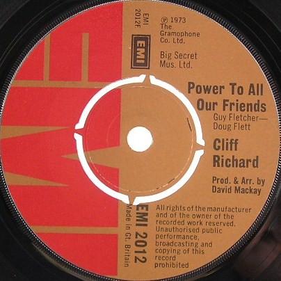 

7inch Record CLIFF RICHARD - Power To All Our Friends EMI2012 EMI 1973 UK Rock Used