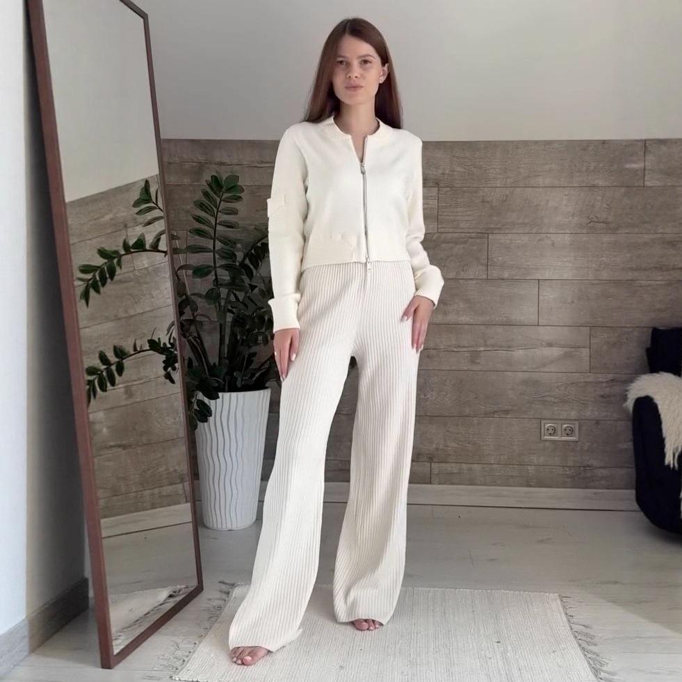 

2025 Осень Женский Спортивный Повседневный Комплект Вязаный Кардиган с Длинным Рукавом и Брюки XXL белый