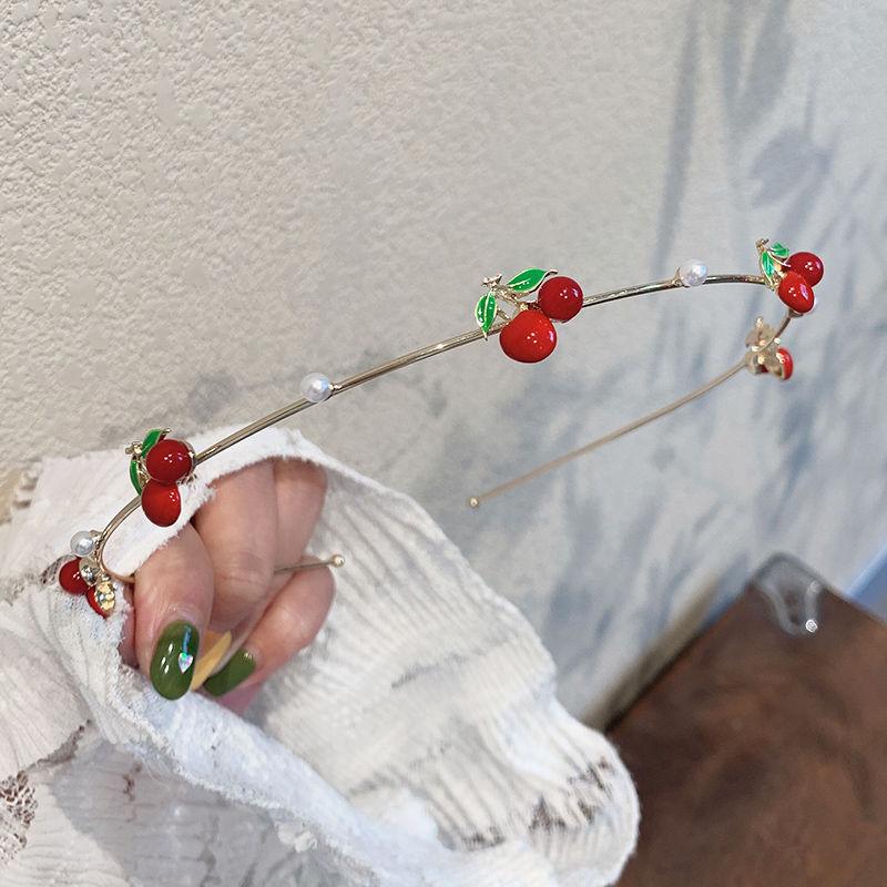 Lystrfac Korean Cute Cherry Alloy Pearl Headband for Women Girls Strawberry Flower Hairband Thin Hair Hoop Hair Accessories