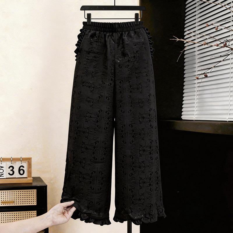 

2026 New Spring Women s Black High-Waisted Wide-Leg Jacquard Pants - Loose, Straight, and Casual Fit. L for under 110 lbs
