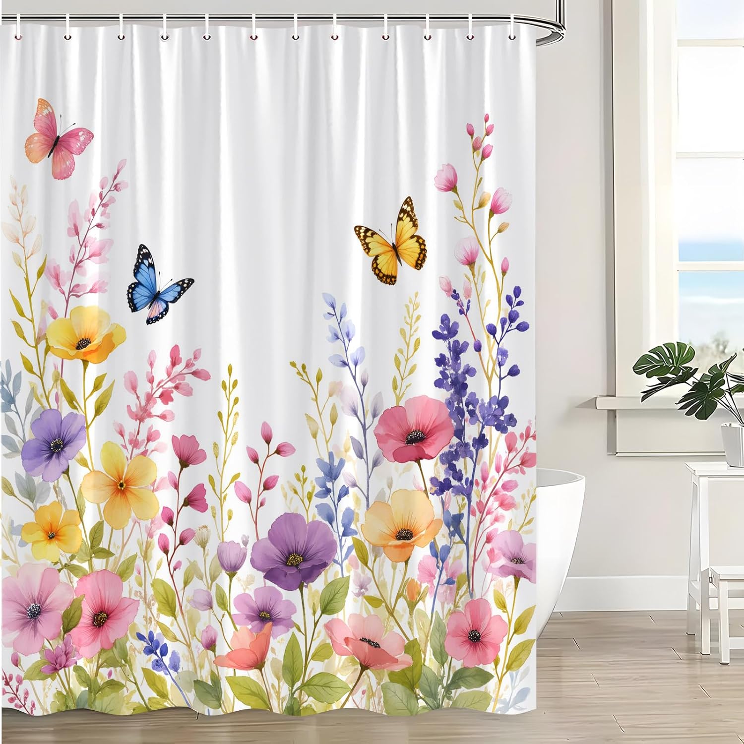 Watercolor Floral Shower Curtains Boho Flower Colorful Wildflower Butterfly Plant Farmhouse Rustic Botanical Minimalist Spring Decor Bathroom