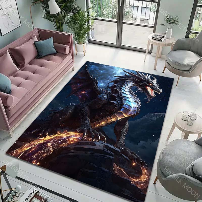 Multiple sizes Black dragon with starry background Print Carpet Rug for Living Room Bedroom Sofa Doormat Home Decor Non-slip Mat