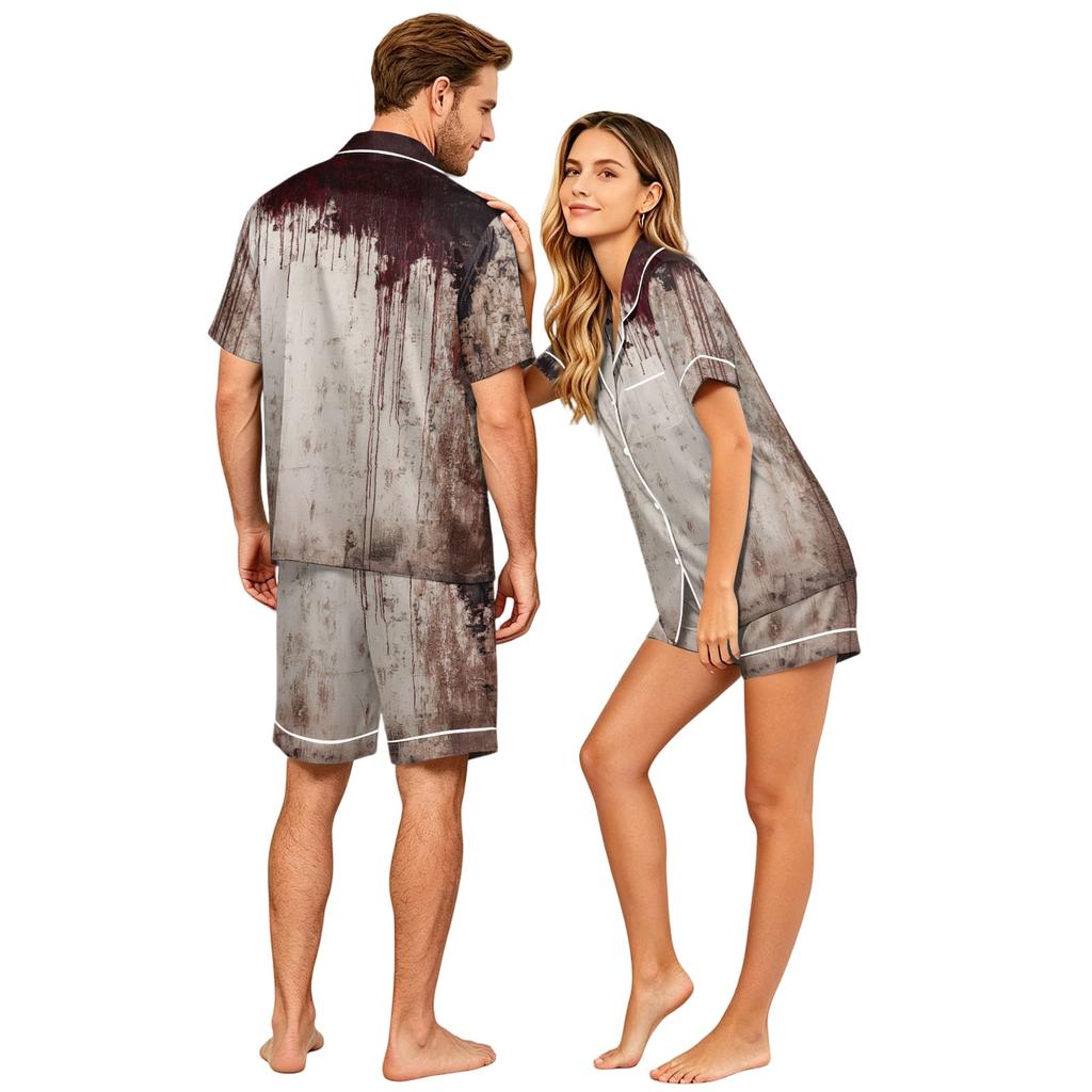 Couples Halloween Pajama Set Short Sleeve Button Down Shirt and Shorts Soft Casual Sleepwear S to XXXXL Matching Loungewear