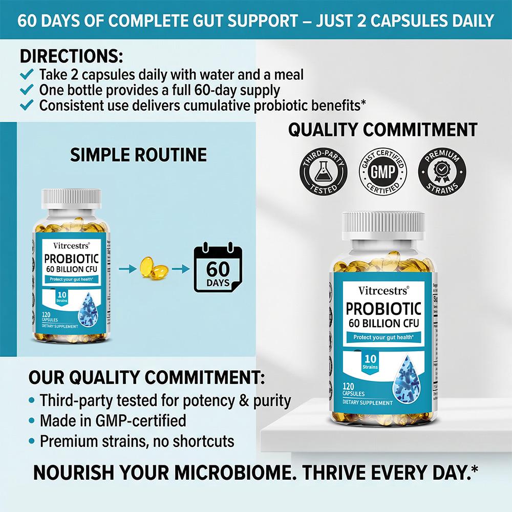 Probiotic 60 Billion Cfu Dietary Supplement, With Prebiotic Blend, 120 Softgels Per Bottle