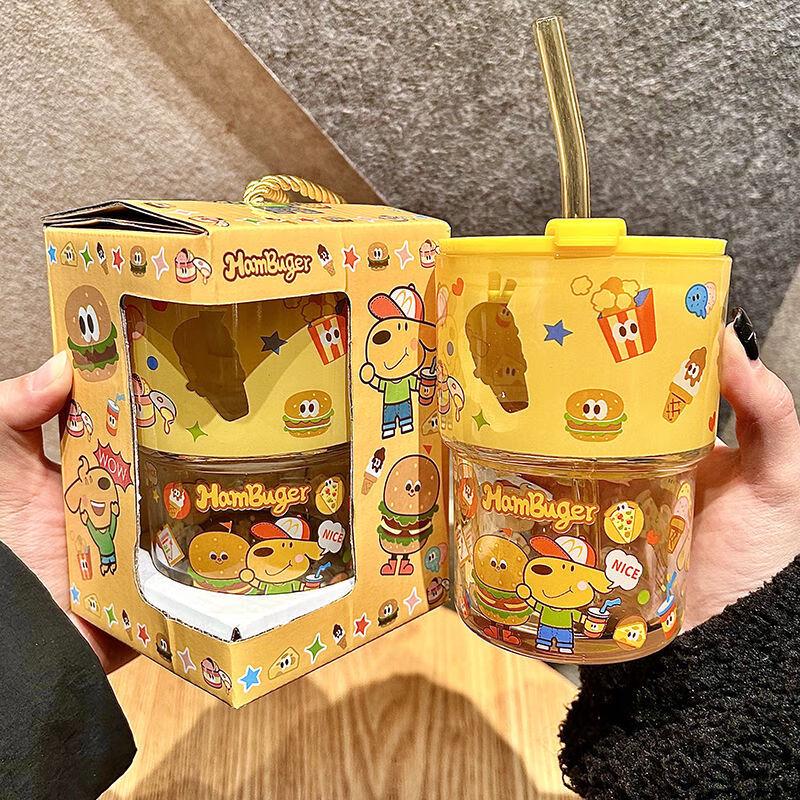 Changbaosen Dog Hamburger Glass Water Bottle with Straw and Lid
