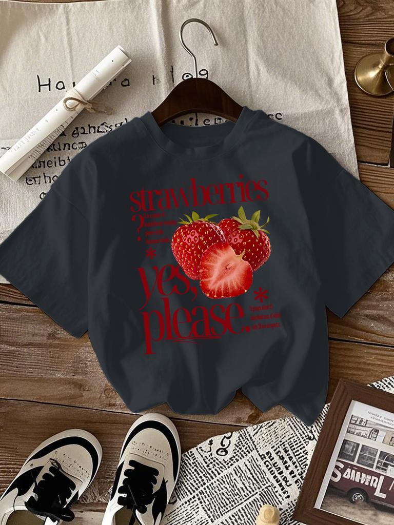 Strawberries Fruit Yes Please Printed Tee Shirts Woman Cotton Crewneck T Shirt Sport All-Match Streetwear Casual Loose Clothes