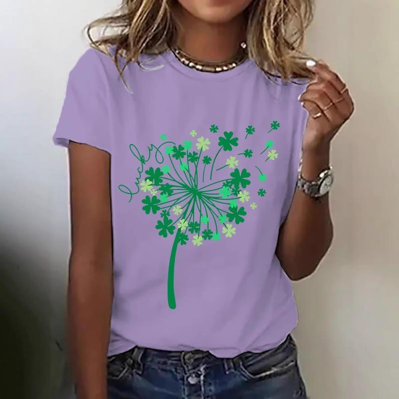 Damen Lucky Clover Pusteblumen Print T-Shirt Lässiges Kurzarm Rundhals Oberteil Sommer