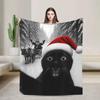 Funny Black Cat Taking a Selfie with Santa Christmas Plush Flannel Throw Blanket for Kids Super Soft Warm Bedspread for Bedroom