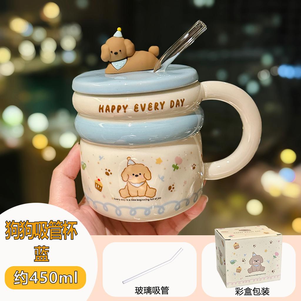 Cute Puppy Ceramic Mug With Lid Cartoon Home Breakfast Milk Cup Office Straw Cup Souvenir