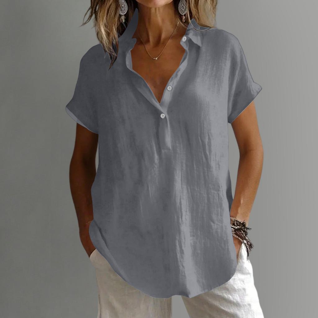 Women's Loose-Fit -Color Cotton-Linen Shirt: Casual Short-Sleeve Top