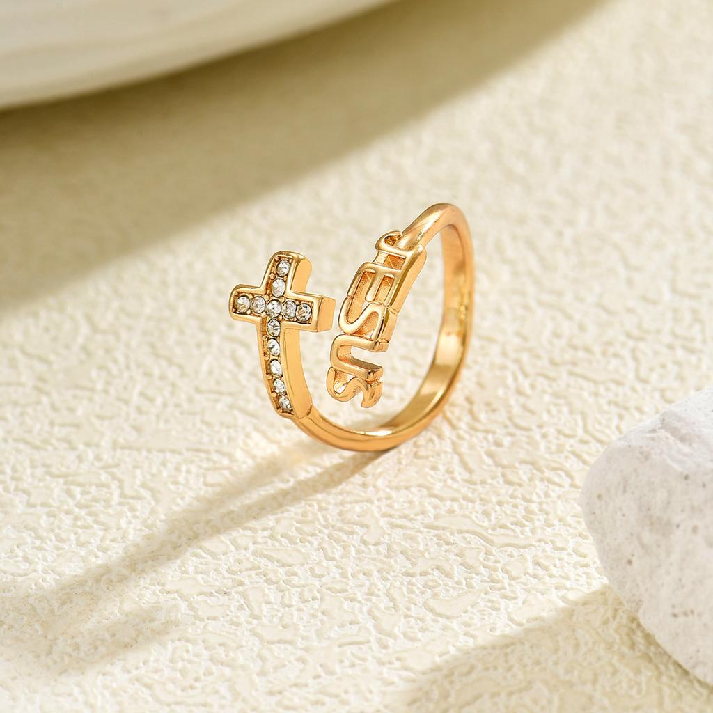 Dainty Gold Color JESUS Cross Ring Sparkling CZ Christian Open Band Ring Inspirational Religious Jewelry for Women Easter Gift