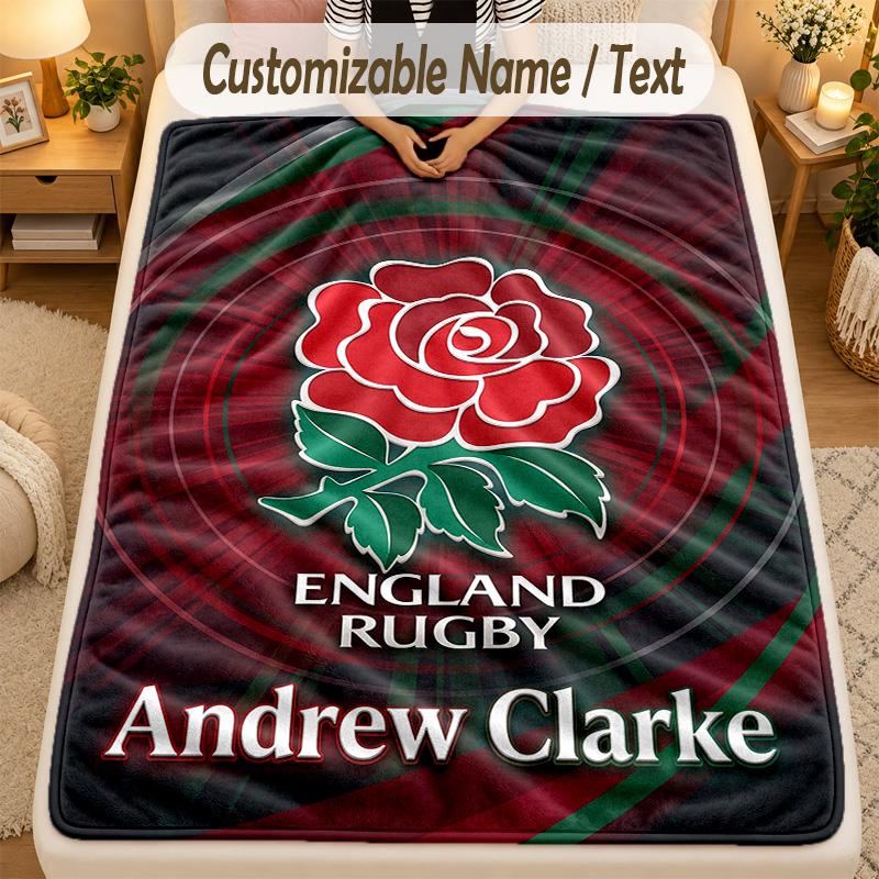 Flannel BlanketEngland Rugby Custom Name Text Personalized Soft Warm Throw Blanket Home Decor Gift