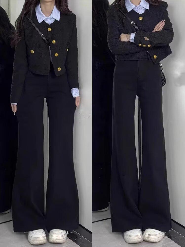 

Женские брюки микроклеш с высокой посадкой больших размеров черного цвета - Осень/Зима 2025 Эластичный приталенный дизайн 5XL