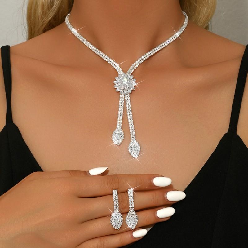 Floral Zircon Necklace Set Women Plated Bridal Jewelry With Earrings Elegant Wedding Party Accessory