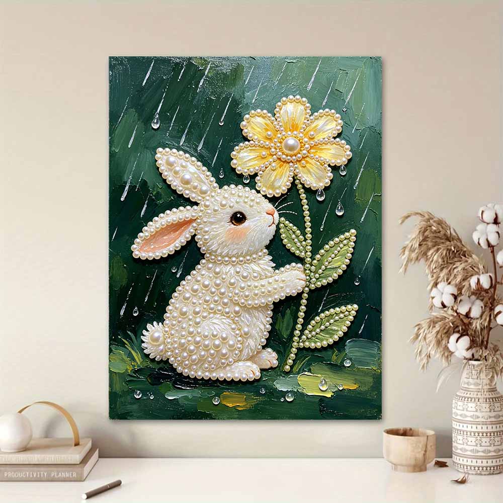DIY Frameless Pearl Painting Kit Cute Rabbit Flower 3D Shiny Bead Art Canvas Relaxing Creative Craft for Home Wall Decor Gift