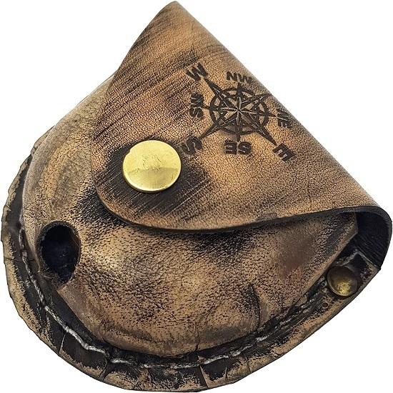 Bussola In Ottone Massiccio Fatta A Mano Con Catena E Custodia In Pelle - 4,8 Cm - Strumento Di Navigazione Vintage Per Escursionismo, Campeggio E Caccia - Regalo Originale