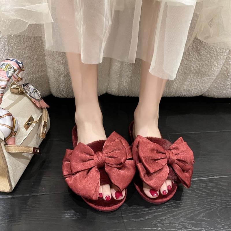 fashion 2024 Winter New Women's Home Solid Color Bow Decorated Fluffy Furry Cotton Slippers