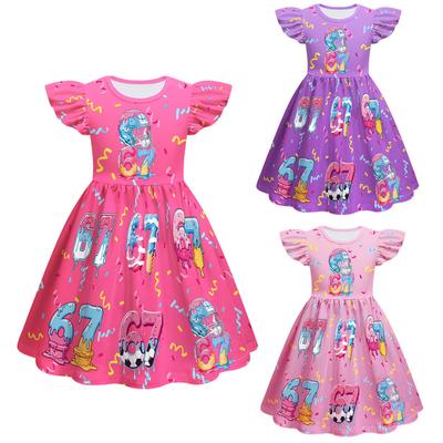 82868 Kids Girls Steal a Brainrot 67 Print Ruffle Sleeveless Princess Dress