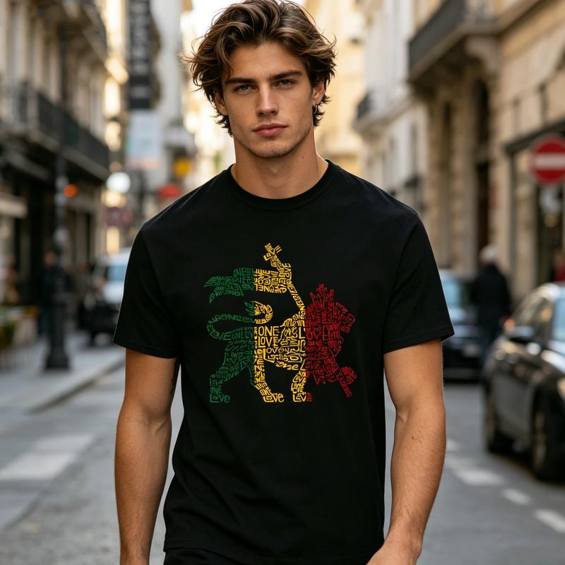 Reggae Rasta Löwe Wortkunst T-Shirt für Unisex Unisex Vintage Rockband T-Shirt Lässiges Kurzarm Oberteil