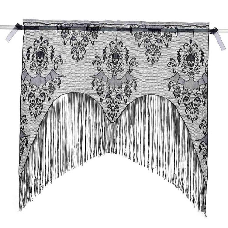 Halloween Black Lace Curtains Tassel Valance Skull Bat Tulle Topper Shawl