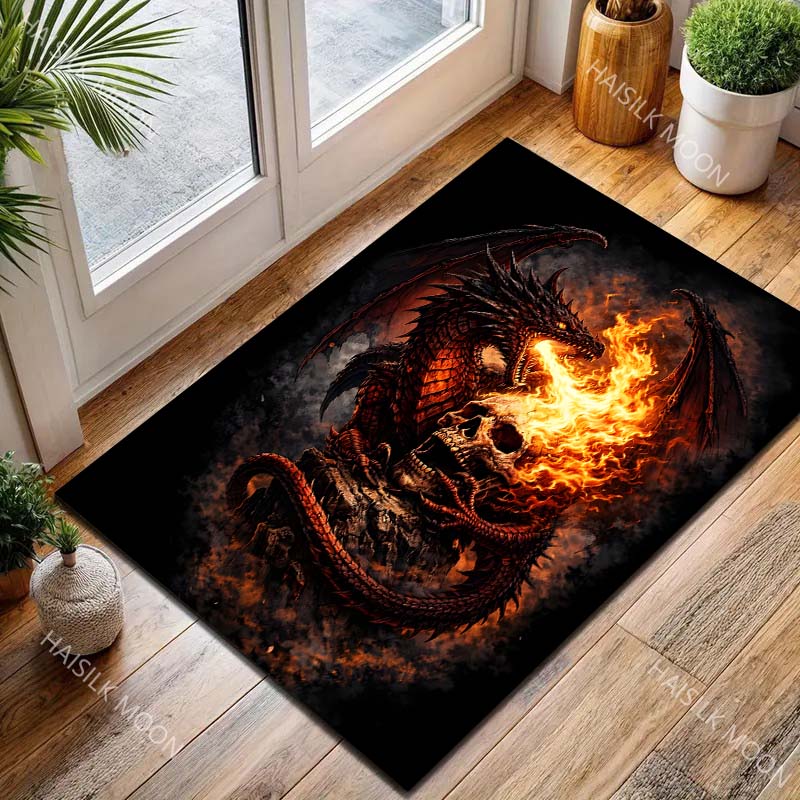 Mehrere Größen Flammender Totenkopf und Drache Teppich für Wohnzimmer Schlafzimmer Sofa Heimdekoration Rus Rutschfeste Fußmatte Luxuriöses Geschenk