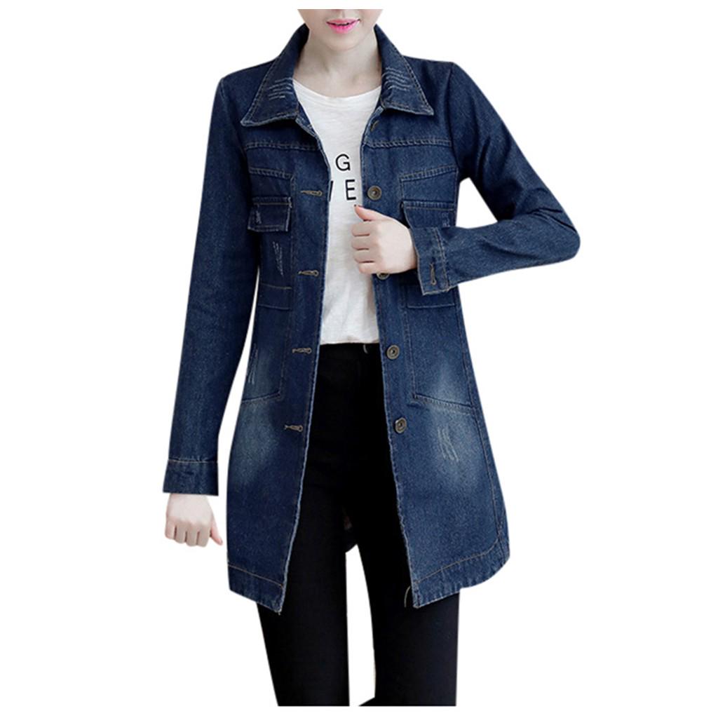 Plus Size Fashion Lapel Women Casual Denim Buttons Vintage Jeans Jacket Cardigan