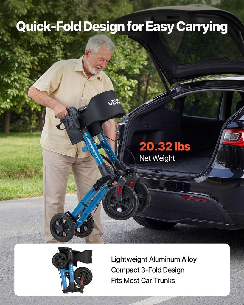 Rollator Walker with Seat for Seniors, Ultra Compact 3-Fold Rolling Walker, Lightweight Aluminum Mobility Walking Aid with PU Solid Wheels, Adjustable
