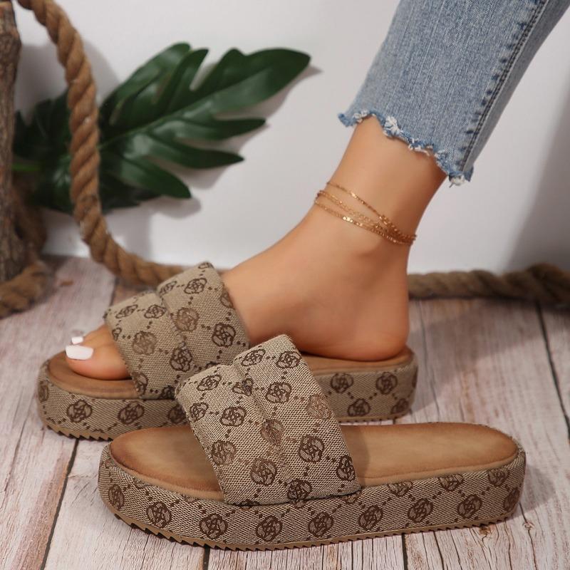 Mode Sommer Neue frauen Runde Kopf Flache Sohlen Rutschfeste Hausschuhe Frau Khaki Dicken Sohlen Bestickte Hausschuhe Weibliche Zapatos de Mujer