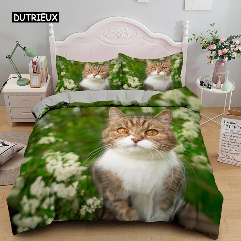 Cat Flowers King Queen Duvet Cover 3D Pet Kitty Floral Bedding Set Teens Adult Yellow Chrysanthemum 2/3pcs Polyester Quilt Cover