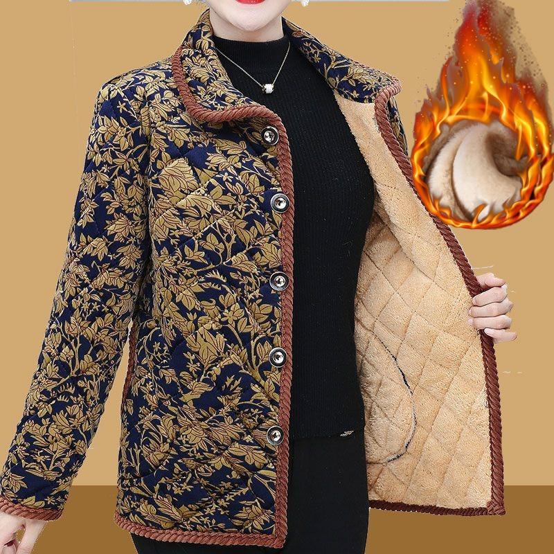Middle-aged and Elderly  Jacket, Women's Short Jacket, Mother's Velvet Jacket, Autumn and Winter Clothes, Plus Velvet Thick Warm Padded Jacket