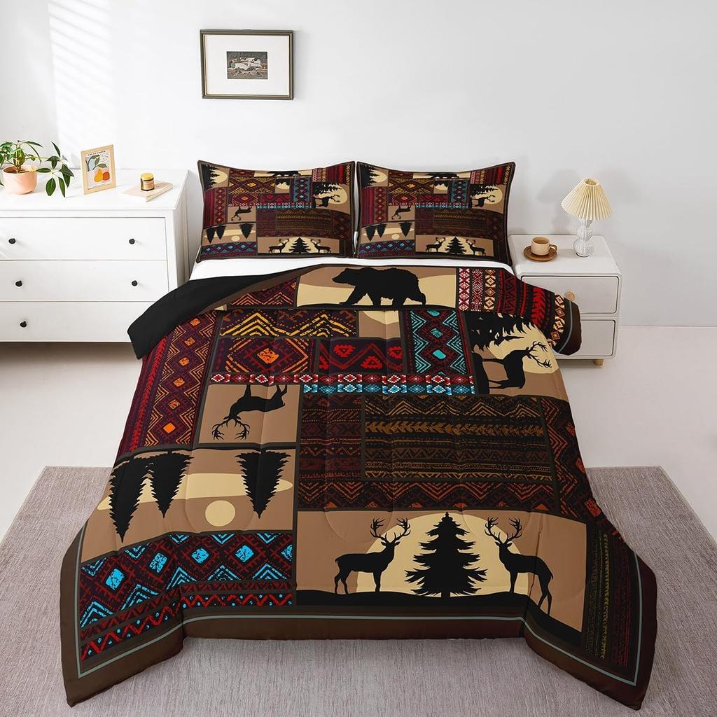 Deer Moose Bear Comforter Set Queen Boho Aztec Western Rustic Farmhouse Woodland Bedding SetsTeal Red Brown Stripes Decor 3 Pcs