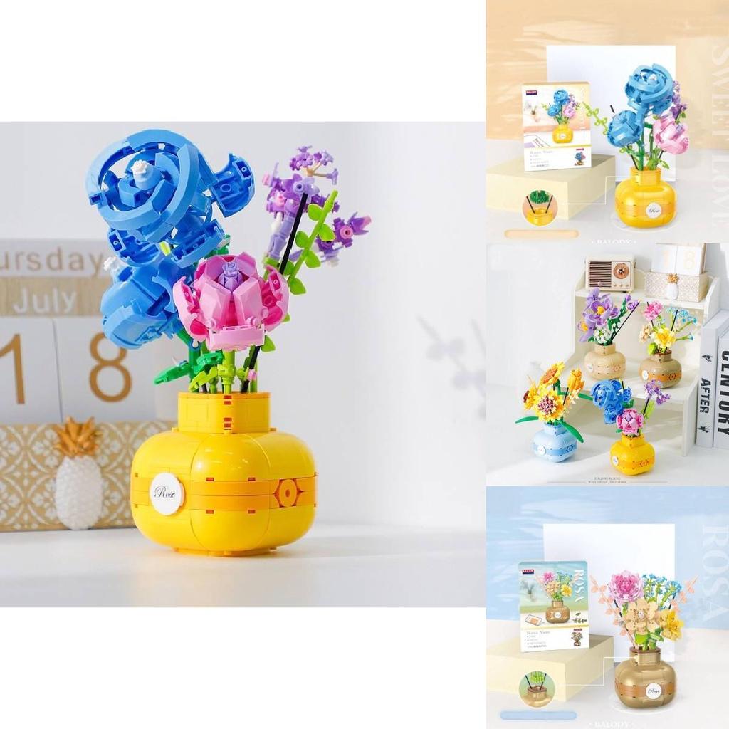 Mini Sunflower Rose Block Flower Bouquet In Vase Puzzle Toy Birthday Gift For Girls