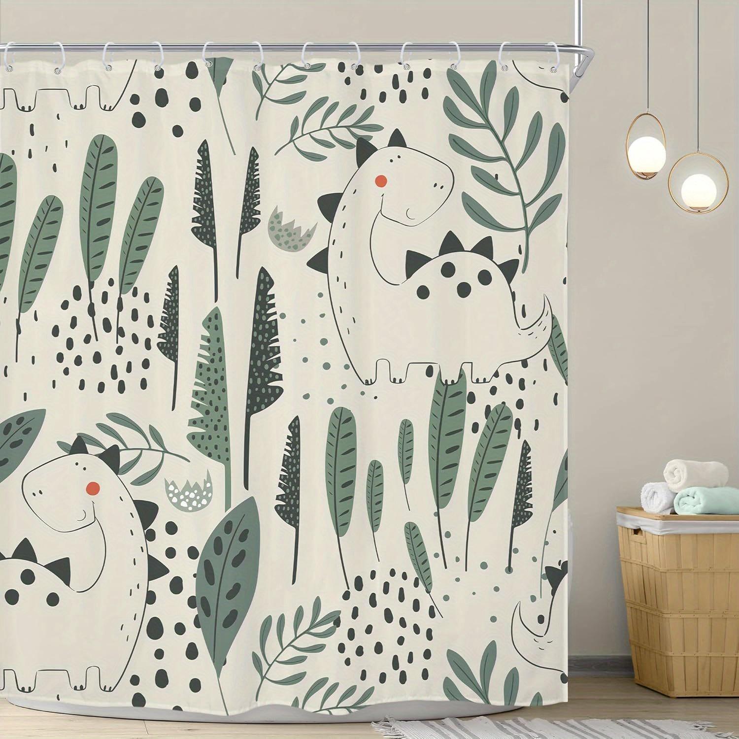 Tonnika Chen Beige/Green 1Pc Funny Dinosaur Shower Curtain Cute Dino Cartoon Animals Tropical Leaves Plant Bathroom Decor 12 Pack Hooks