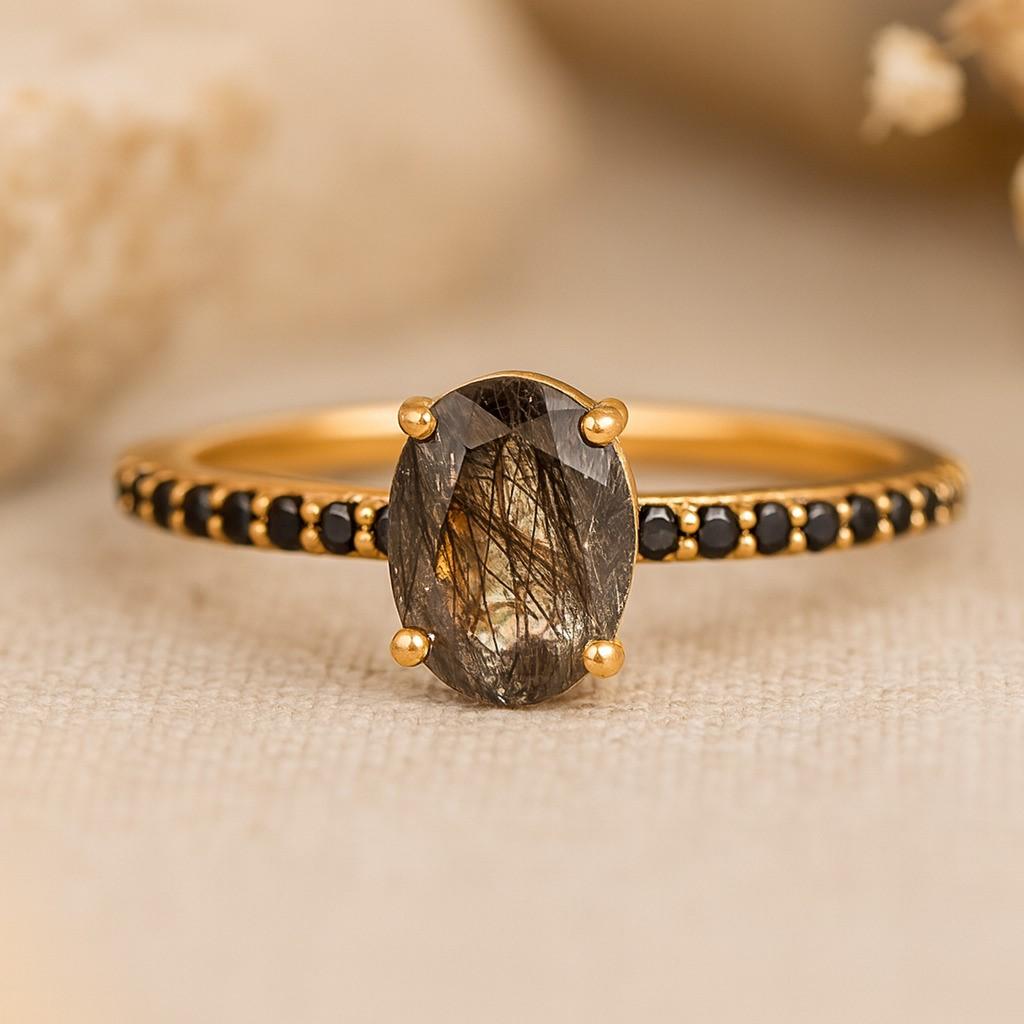 Black Rutile Quartz & Black Onyx Engagement Ring – Handmade Vintage Silver Ring for Women | Wedding, Anniversary, Promise Gift