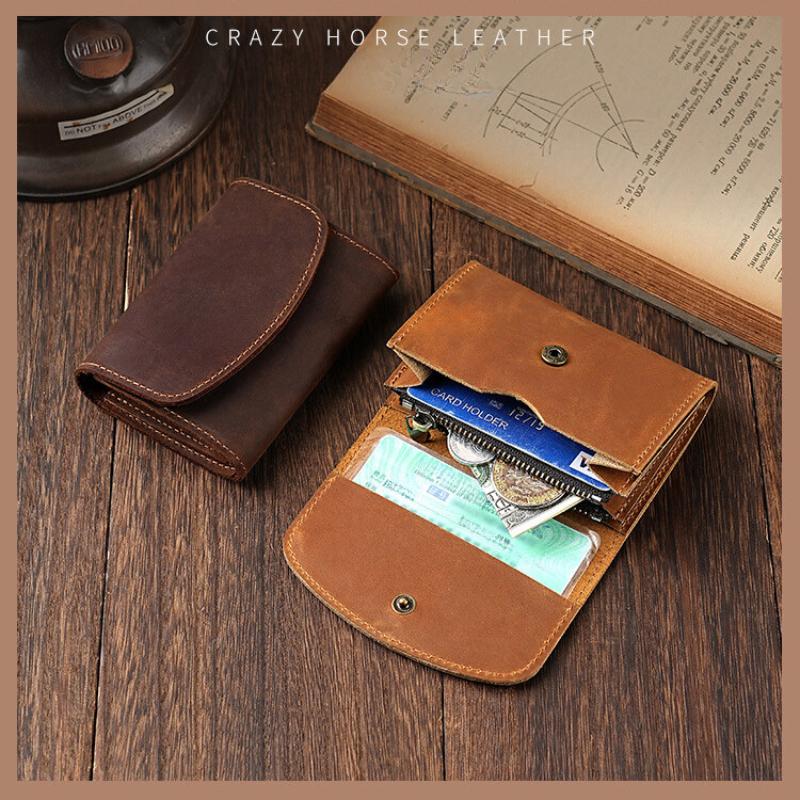 Retro Crazy Horse Leather Small Zipper Pouch Compact Lid Button Coin Key Wallet Pocket Money Bag