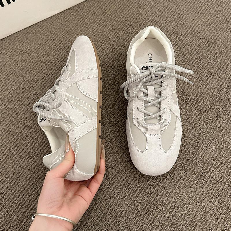 Soft leather spring new round head lace-up soft-soled shoes inner height increase women's flat-bottomed casual sports shoes
